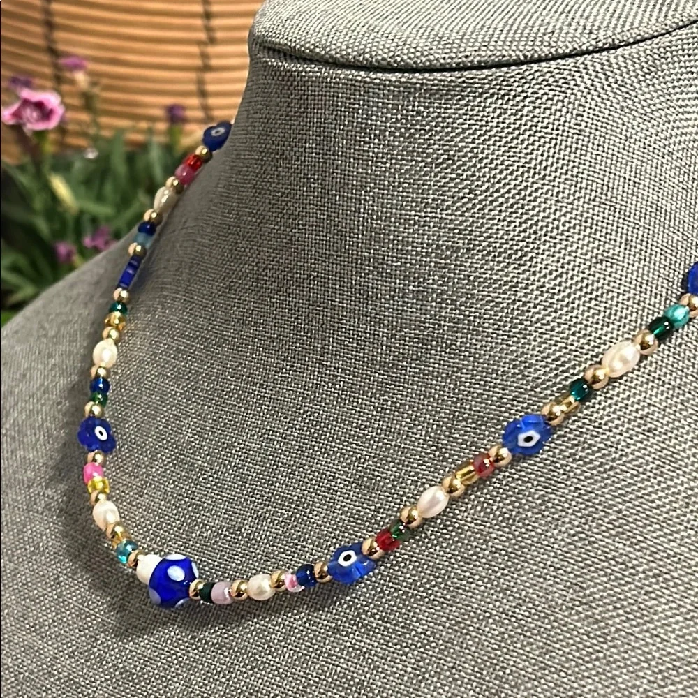 ✨ Handmade freshwater pearl + evil eye flower Multicolor Beaded Necklace…
